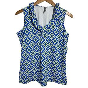 Lulu B Ruffle Tank Blouse Women L Blue Diamond Preppy Coastal Nylon UPF 50